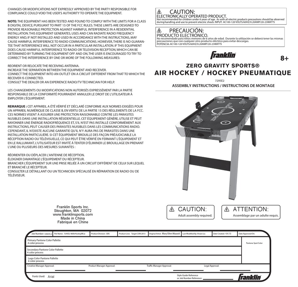 FRANKLIN ZERO GRAVITY SPORTS 729SE2 ASSEMBLY INSTRUCTIONS Pdf Download