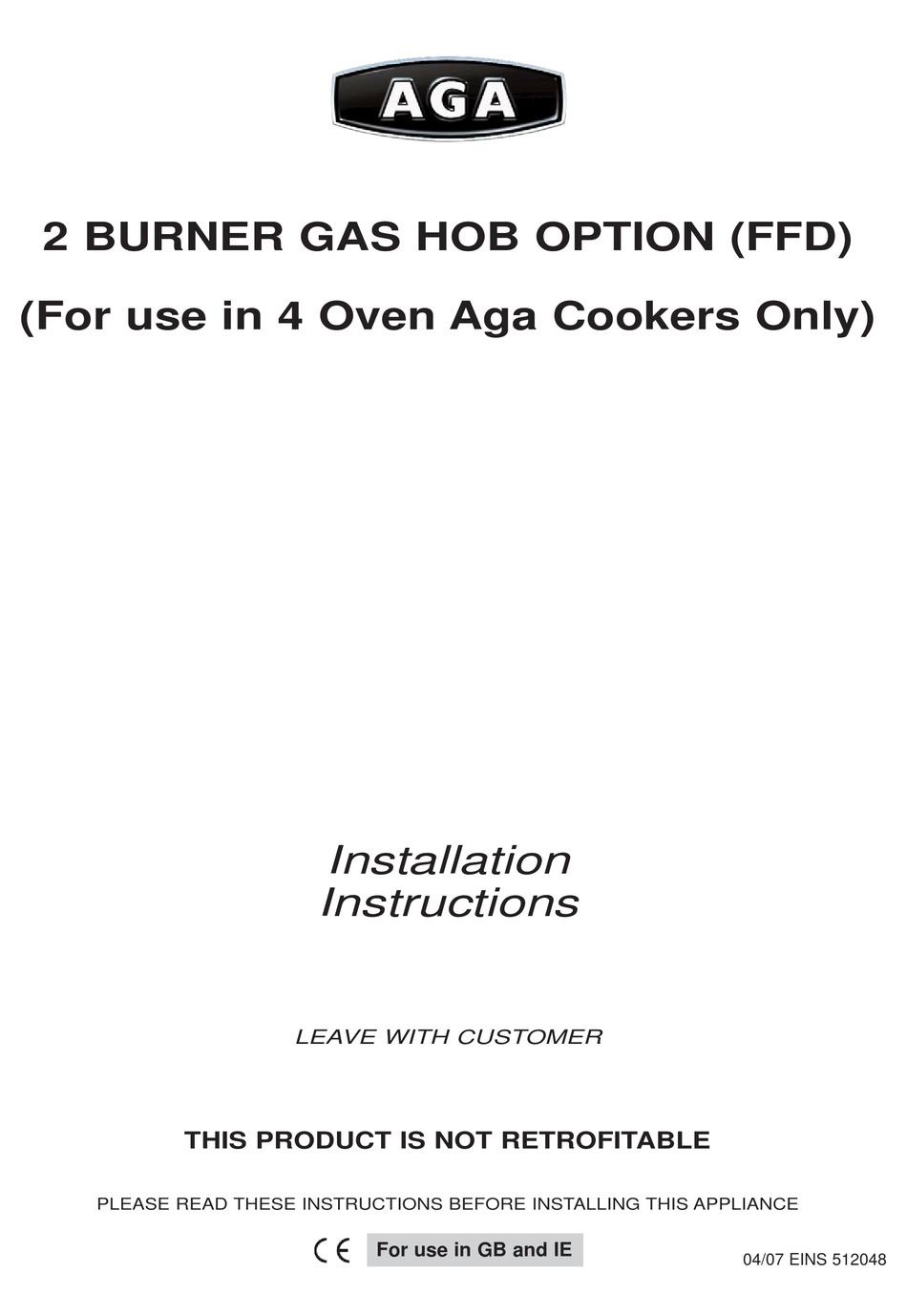 AGA FFD INSTALLATION INSTRUCTIONS MANUAL Pdf Download ManualsLib