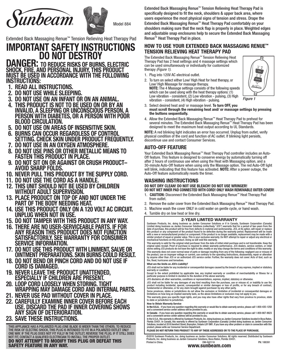 SUNBEAM EXTENDED BACK MASSAGING RENUE TENSION RELIEVING HEAT THERAPY