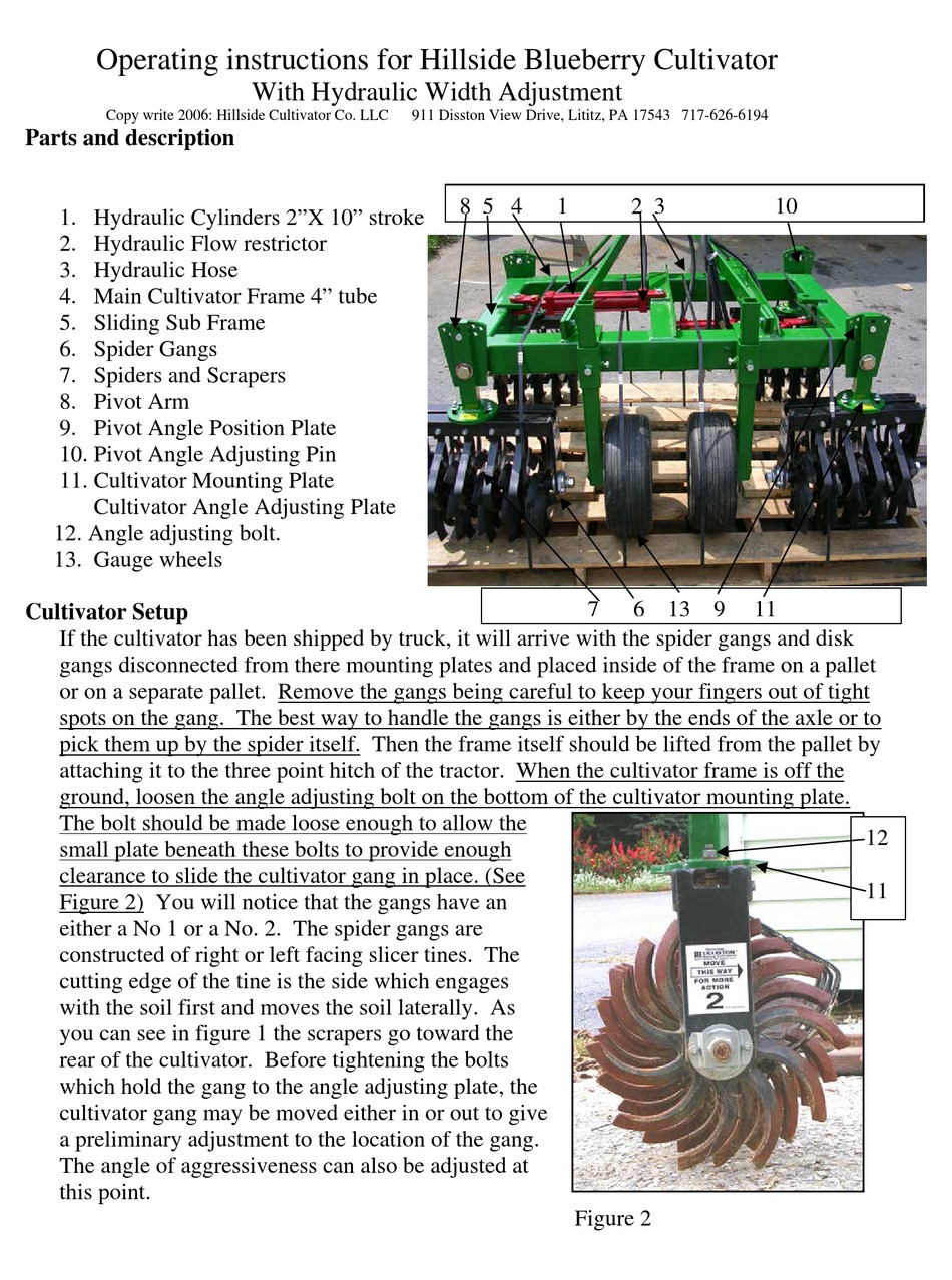 HILLSIDE CULTIVATOR BLUEBERRY CULTIVATOR OPERATING INSTRUCTIONS Pdf
