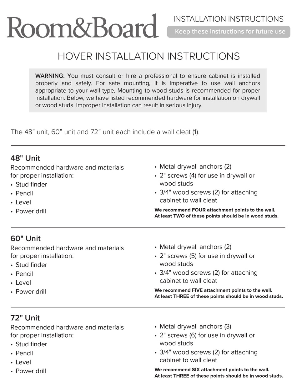 ROOM&BOARD HOVER INSTALLATION INSTRUCTIONS Pdf Download ManualsLib