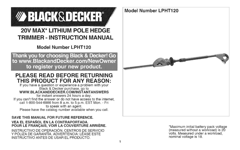 BLACK+DECKER LPHT120 20V MAX Lithium-Ion 18 Cordless Pole Hedge Trimmer 
