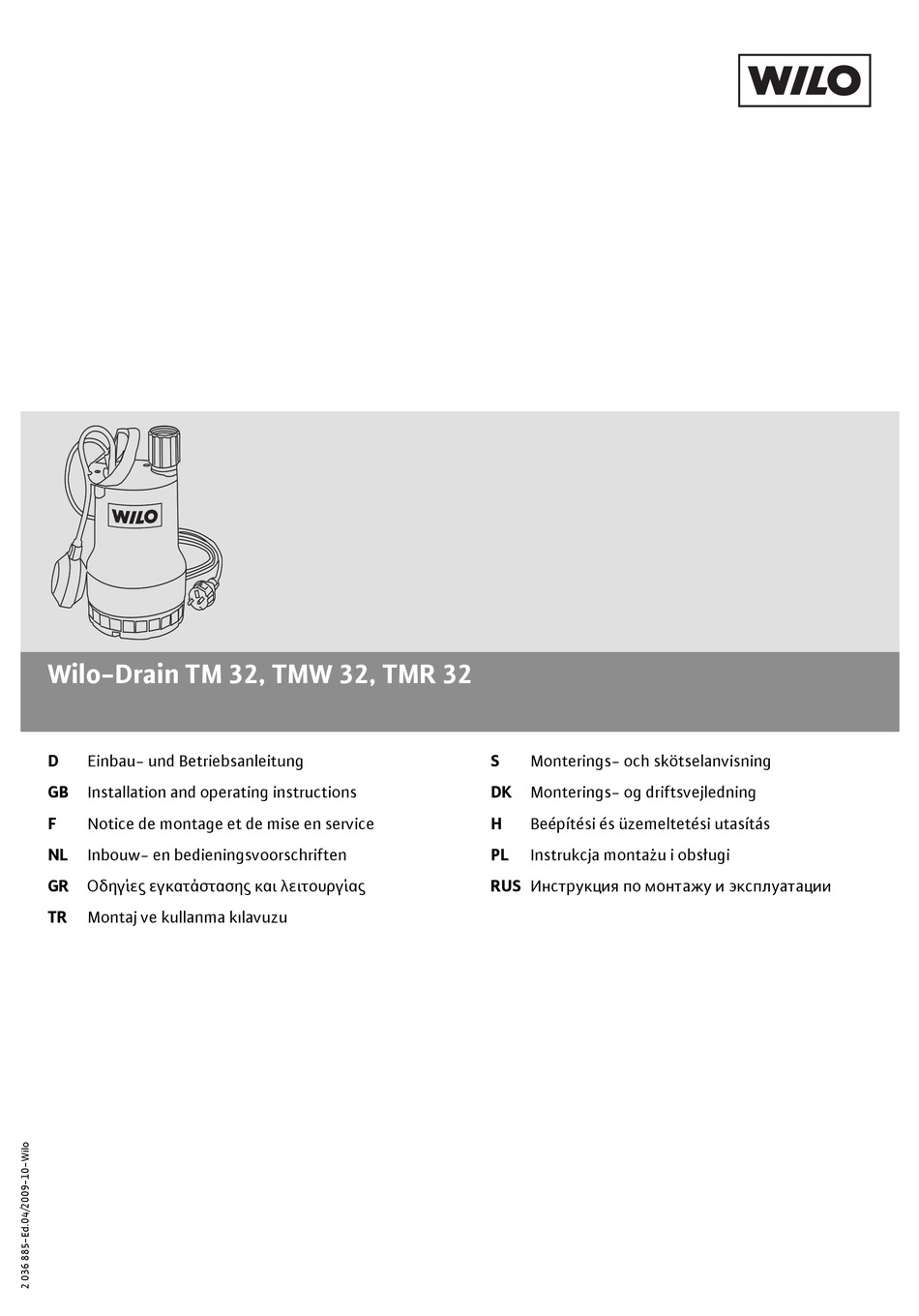 WILO DRAIN TM 32 SERIES INSTALLATION AND OPERATING INSTRUCTIONS MANUAL ...