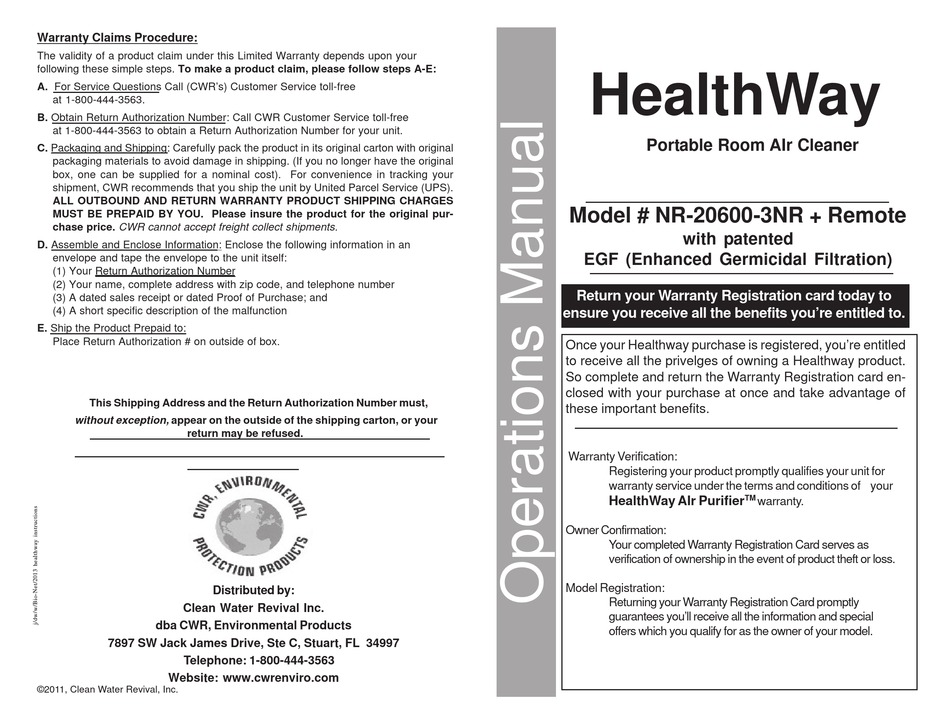 Healthway Nr 600 3nr Operation Manual Pdf Download Manualslib