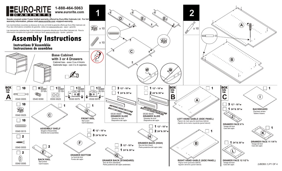 EURO-RITE CABINETS BASE CABINET WITH 3 OR 4 DRAWERS ASSEMBLY ...