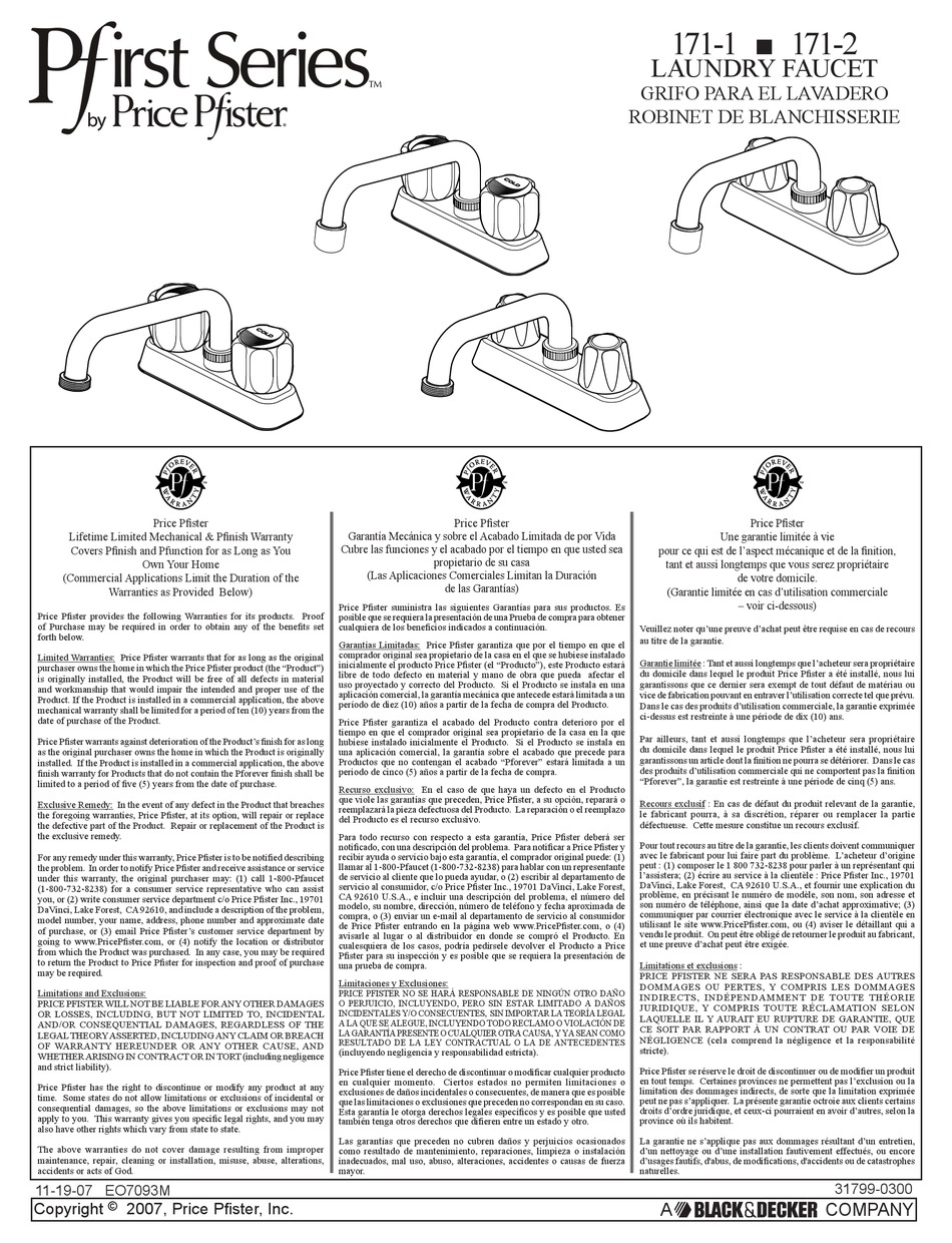 BLACK & DECKER PRICE PFISTER PFIRST SERIES QUICK START MANUAL Pdf
