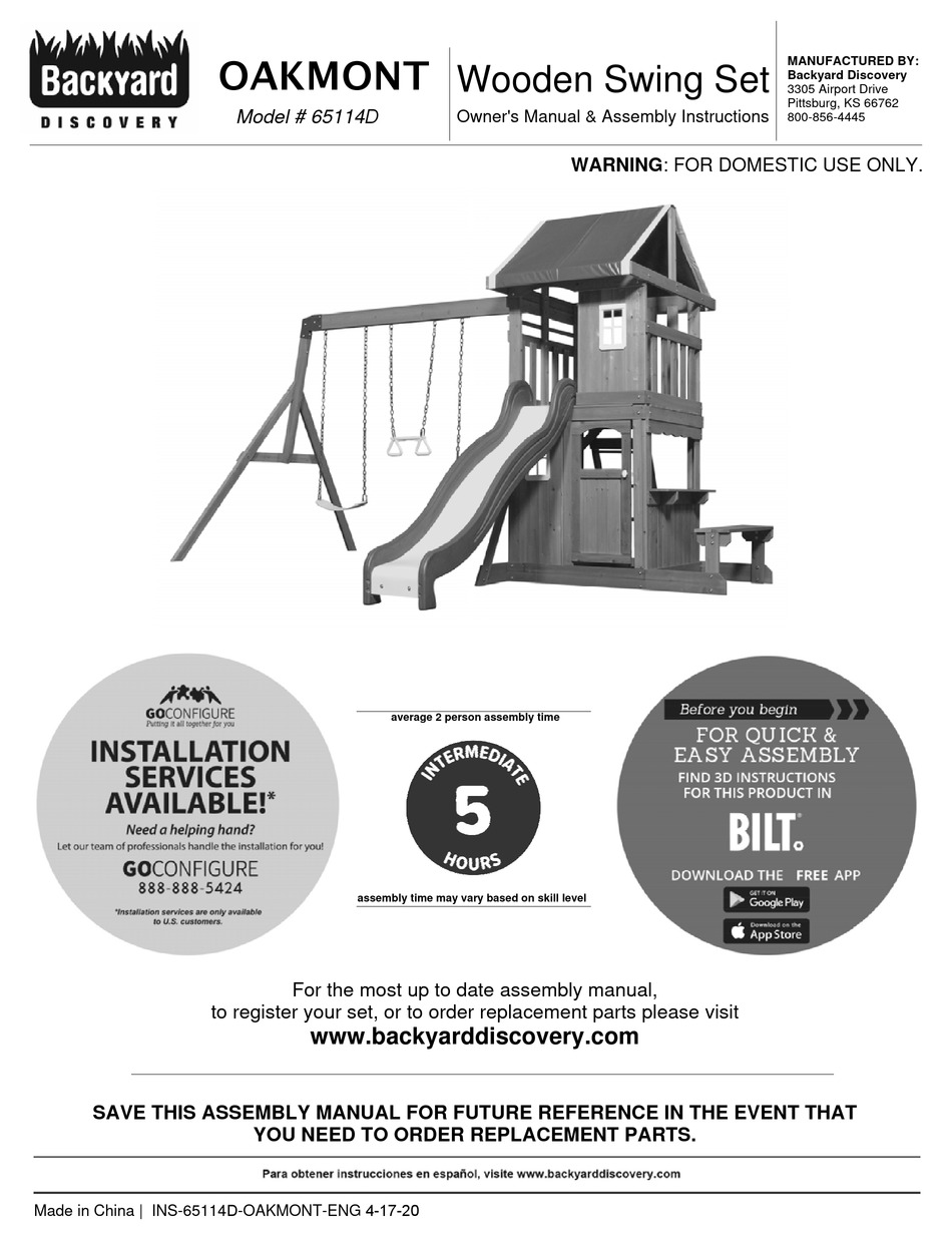 BACKYARD DISCOVERY OAKMONT 65114D OWNER'S MANUAL & ASSEMBLY