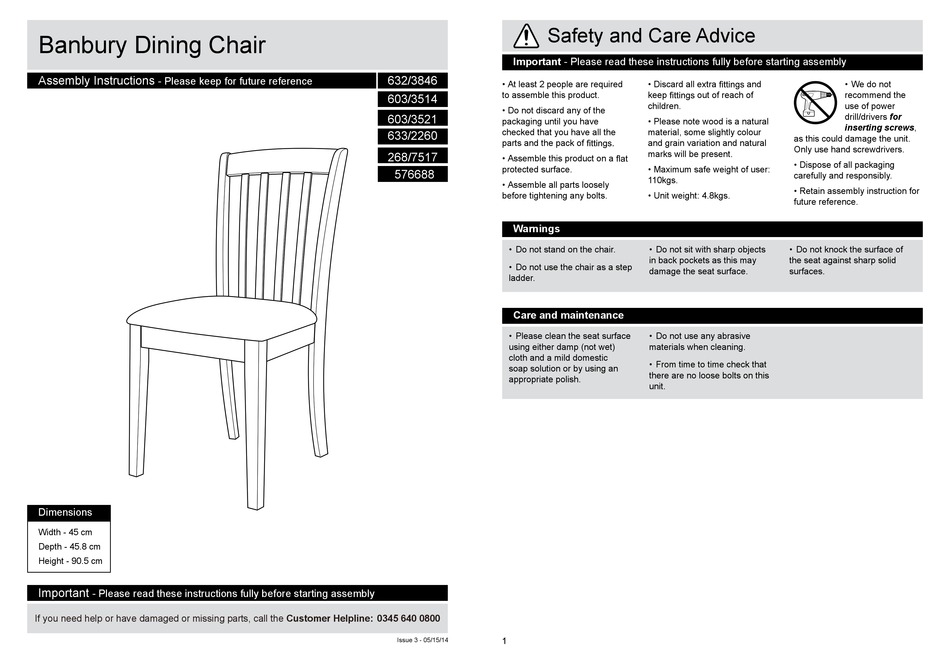 ARGOS HOME BANBURY DINING CHAIR 632/3846 ASSEMBLY INSTRUCTIONS Pdf