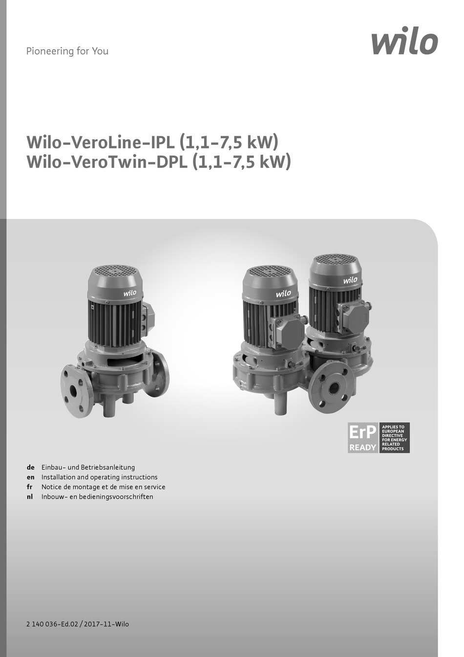 WILO VEROLINE-IPL INSTALLATION AND OPERATING INSTRUCTIONS MANUAL Pdf ...