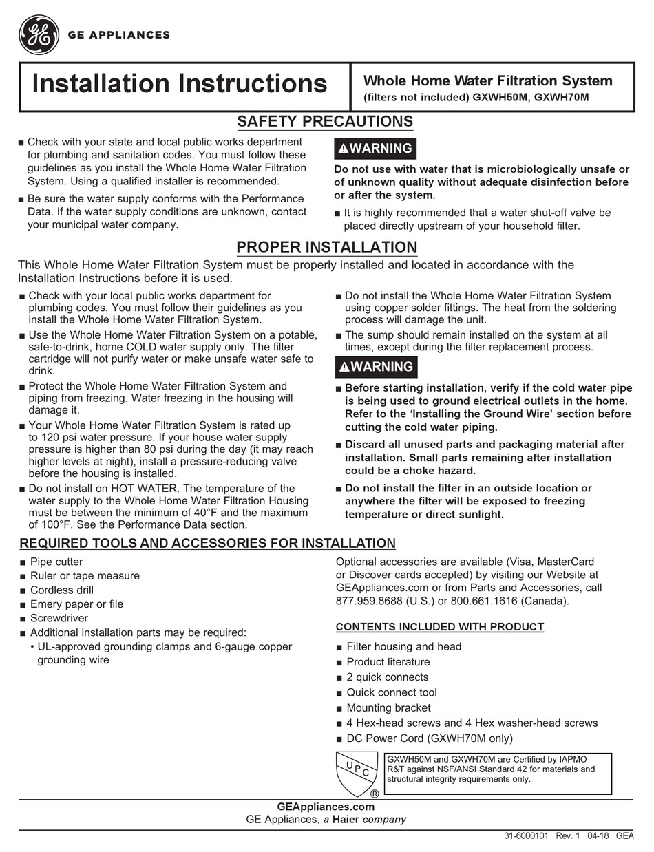 GE GXWH50M INSTALLATION INSTRUCTIONS MANUAL Pdf Download ManualsLib