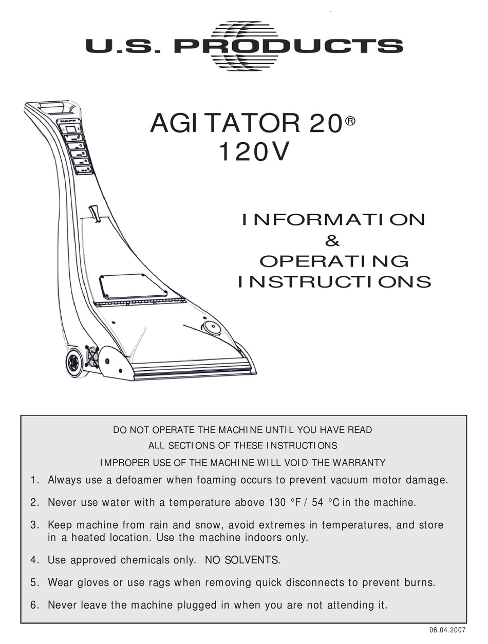 U.S. PRODUCTS AGITATOR 20 INFORMATION & OPERATING INSTRUCTIONS Pdf
