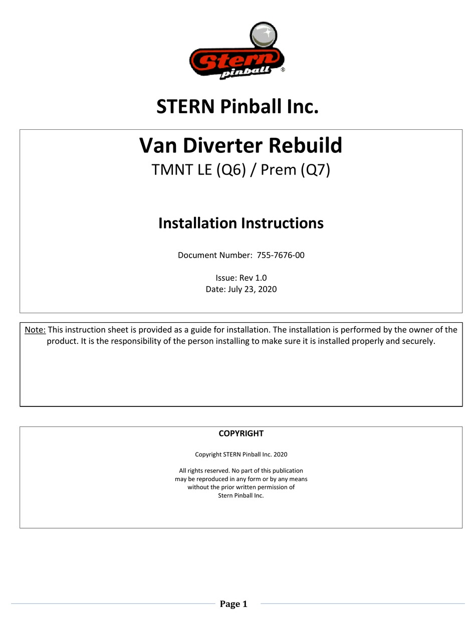 STERN PINBALL TMNT LE SERIES INSTALLATION INSTRUCTIONS MANUAL Pdf