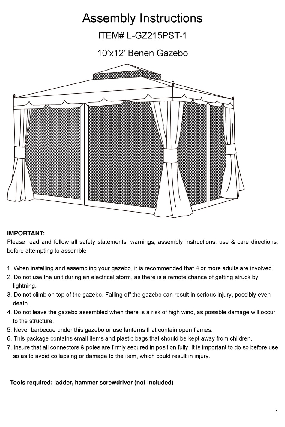 SUNJOY 10’X12’ BENEN GAZEBO LGZ215PST1 ASSEMBLY INSTRUCTIONS MANUAL