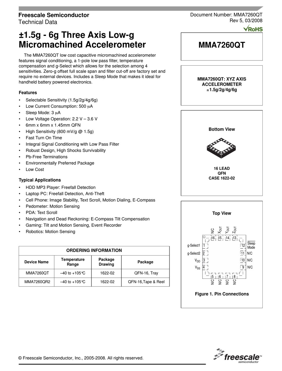 FREESCALE SEMICONDUCTOR MMA7260QT TECHNICAL DATA MANUAL Pdf Download