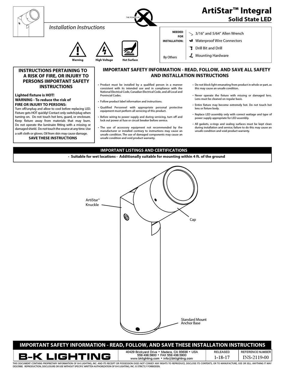 B-K LIGHTING ARTISTAR INTEGRAL INSTALLATION INSTRUCTIONS MANUAL Pdf ...