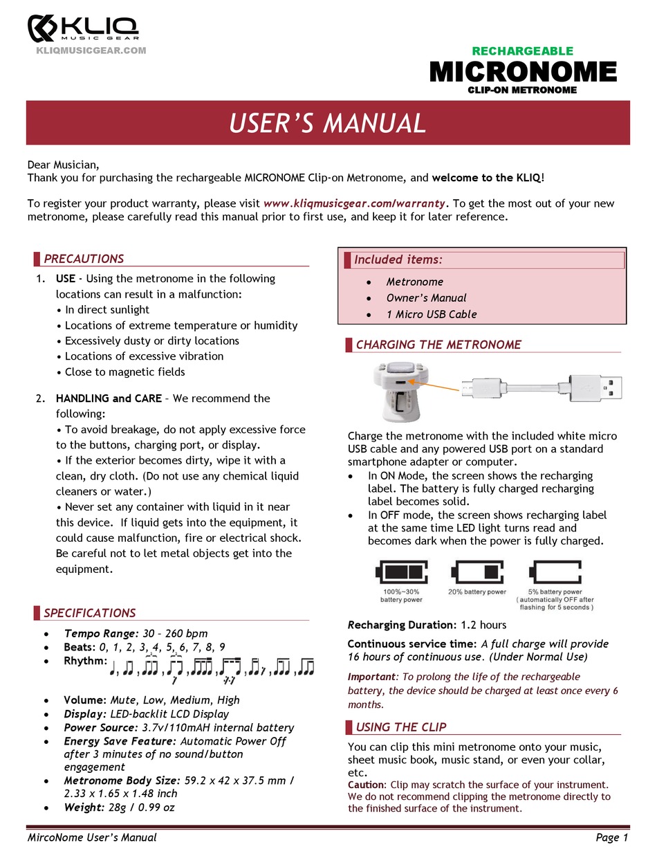 Kliq Micronome User Manual Pdf Download 