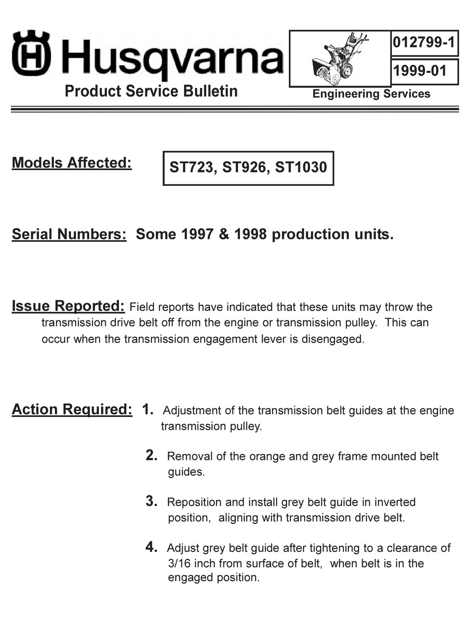 HUSQVARNA ST723 PRODUCT SERVICE BULLETIN Pdf Download ManualsLib