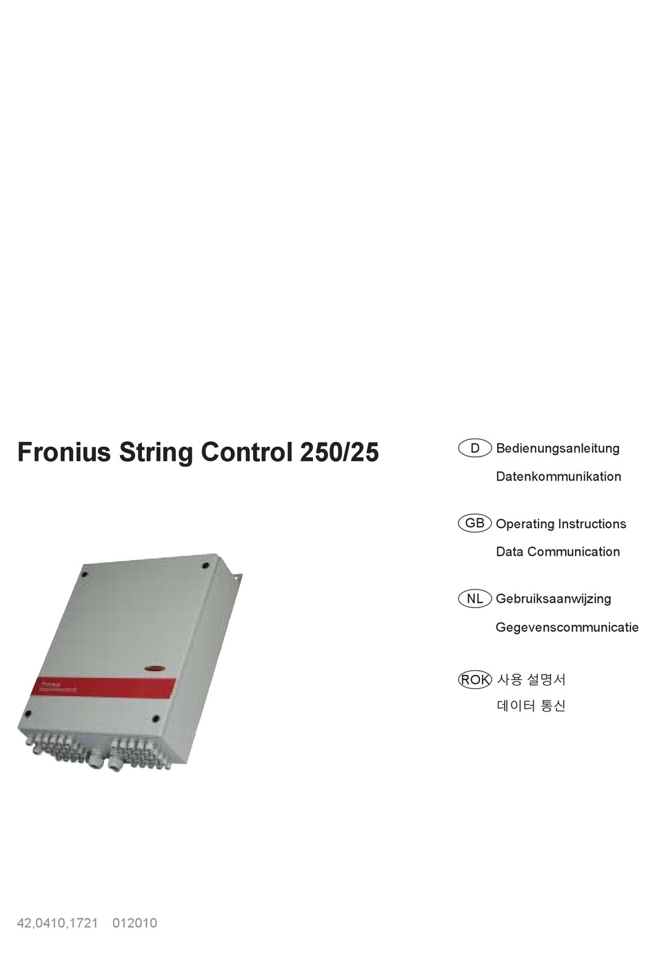 FRONIUS STRING CONTROL 250/25 OPERATING INSTRUCTIONS MANUAL Pdf
