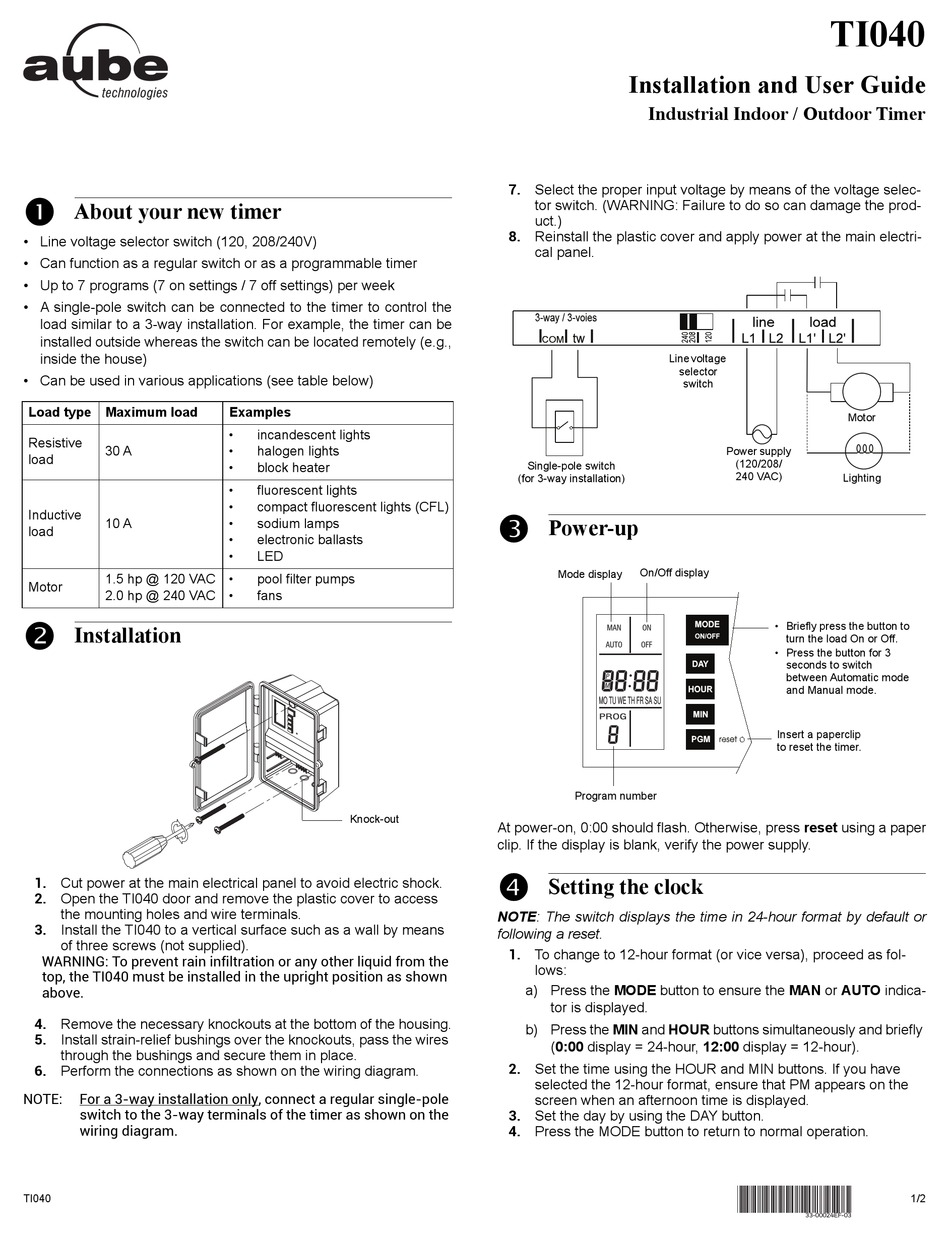 AUBE TECHNOLOGIES TI040 INSTALLATION AND USER MANUAL Pdf Download