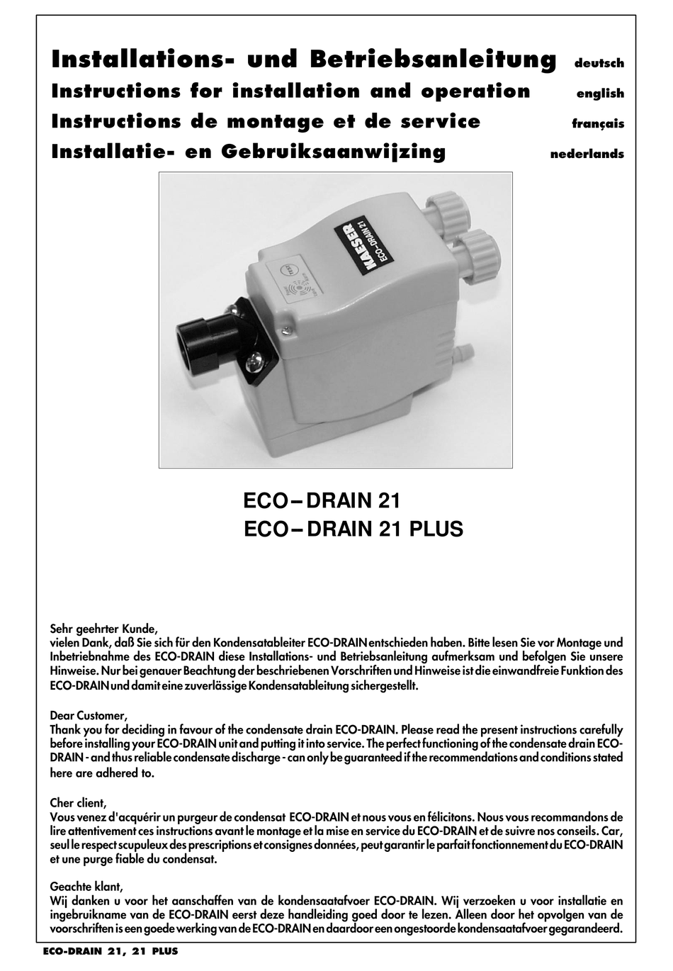 KAESER ECODRAIN 21 INSTRUCTIONS FOR INSTALLATION AND OPERATION MANUAL
