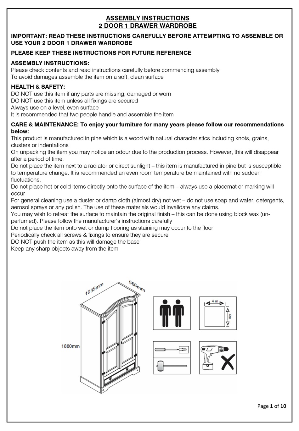 CORONA 2 DOOR 1 DRAWER WARDROBE ASSEMBLY INSTRUCTIONS MANUAL Pdf