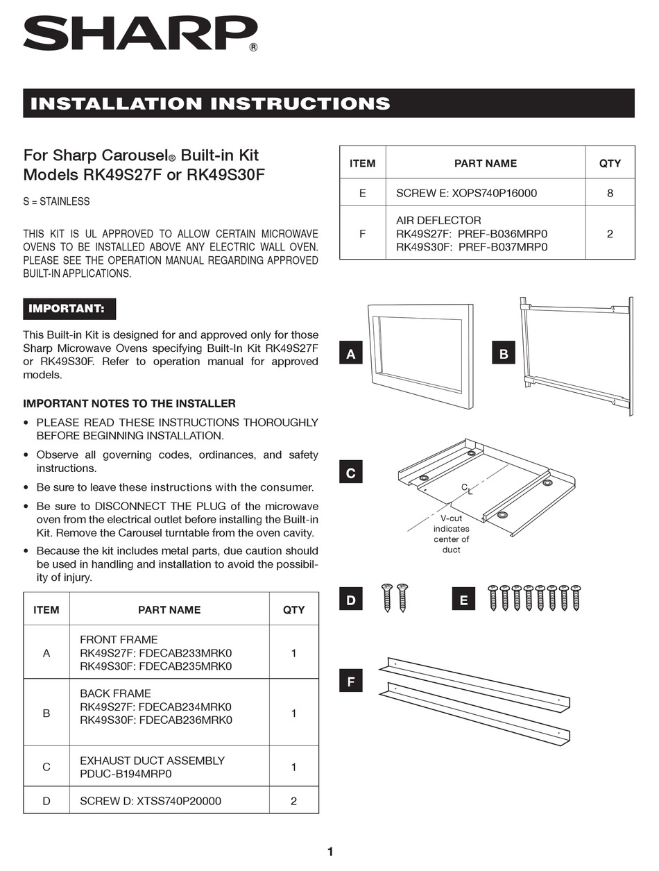 SHARP CAROUSEL RK49S27F INSTALLATION INSTRUCTIONS MANUAL Pdf Download ...