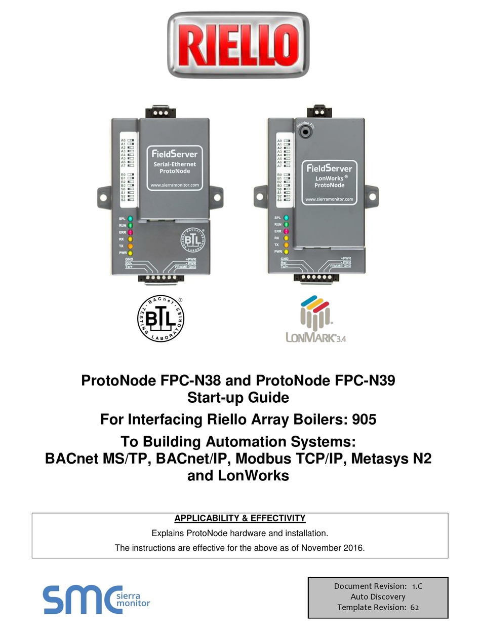 SMC SIERRA MONITOR FIELDSERVER PROTONODE FPCN38 STARTUP MANUAL Pdf