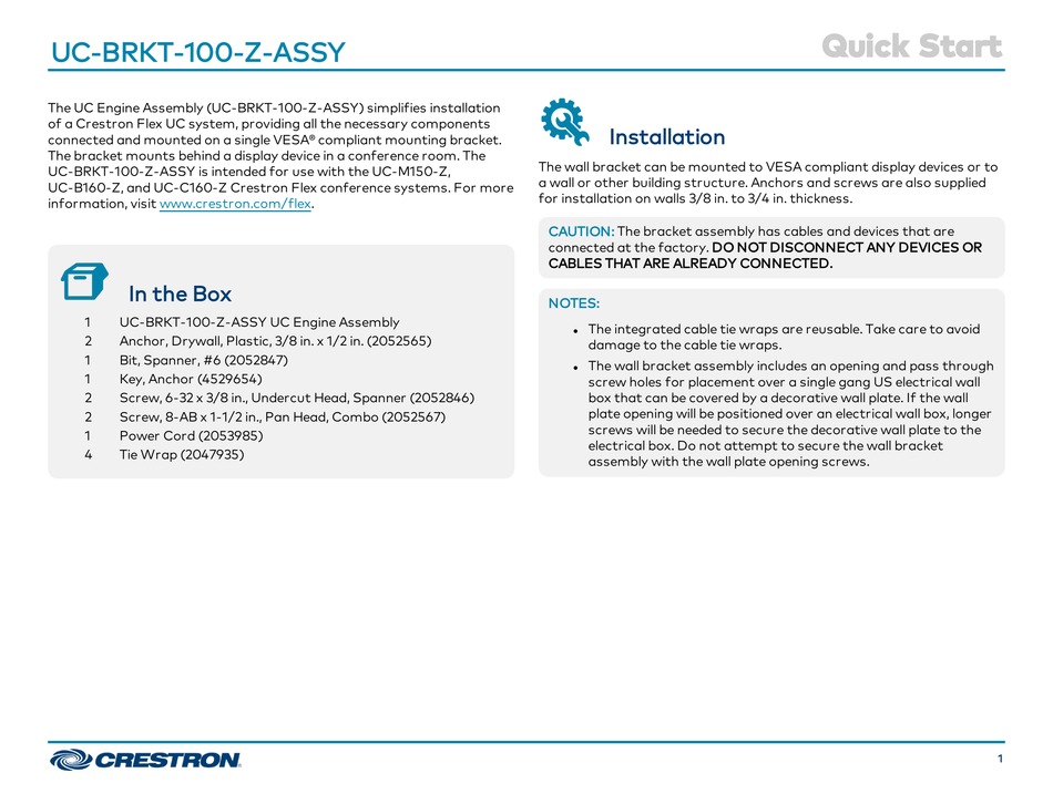 CRESTRON UCBRKT100ZASSY QUICK START Pdf Download ManualsLib