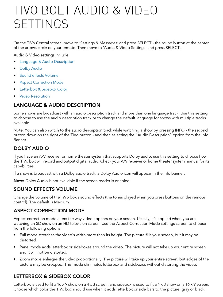 TIVO BOLT AUDIO & VIDEO SETTINGS Pdf Download ManualsLib