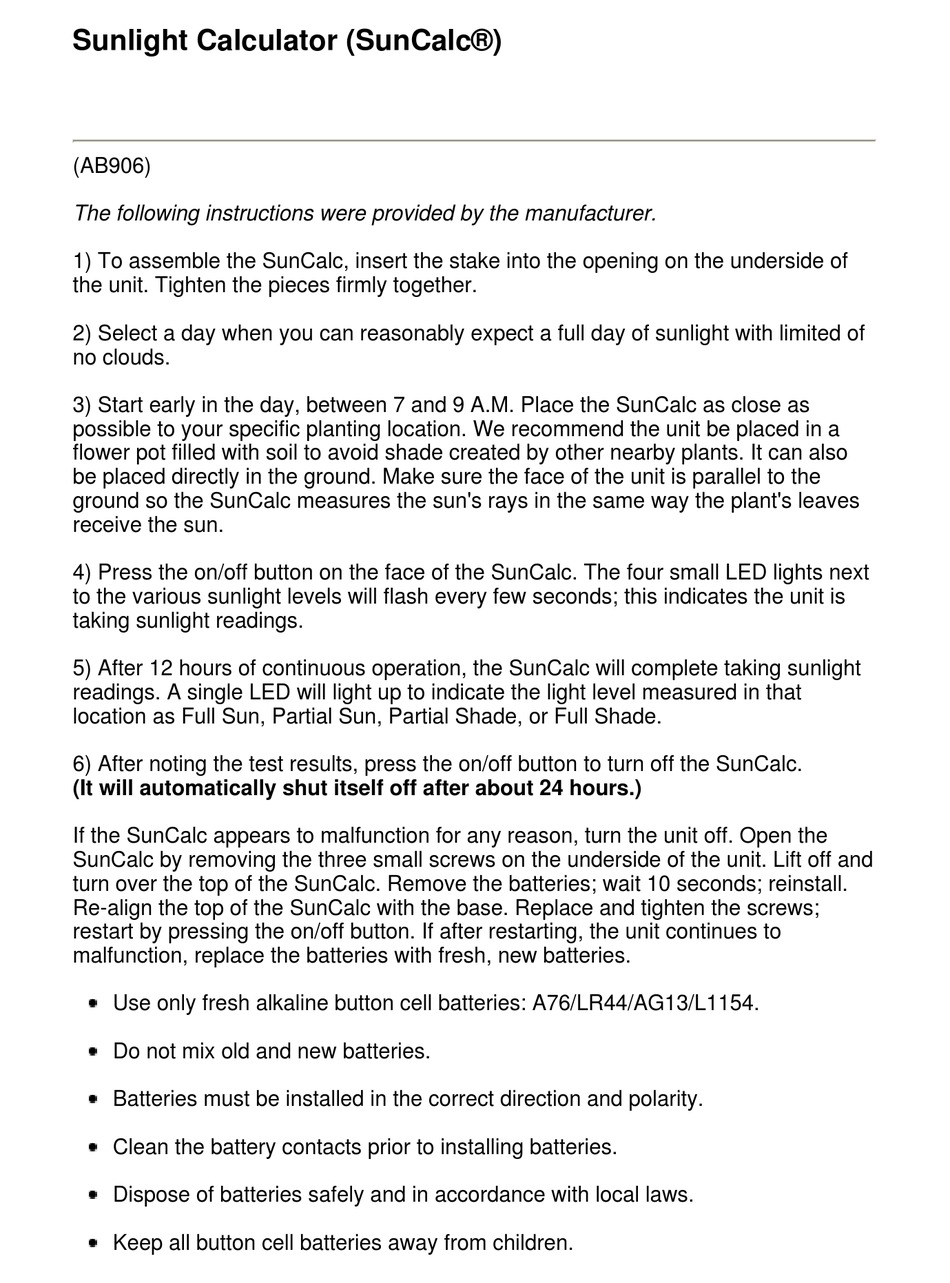 LEE VALLEY TOOLS SUNCALC AB906 INSTRUCTIONS Pdf Download ManualsLib