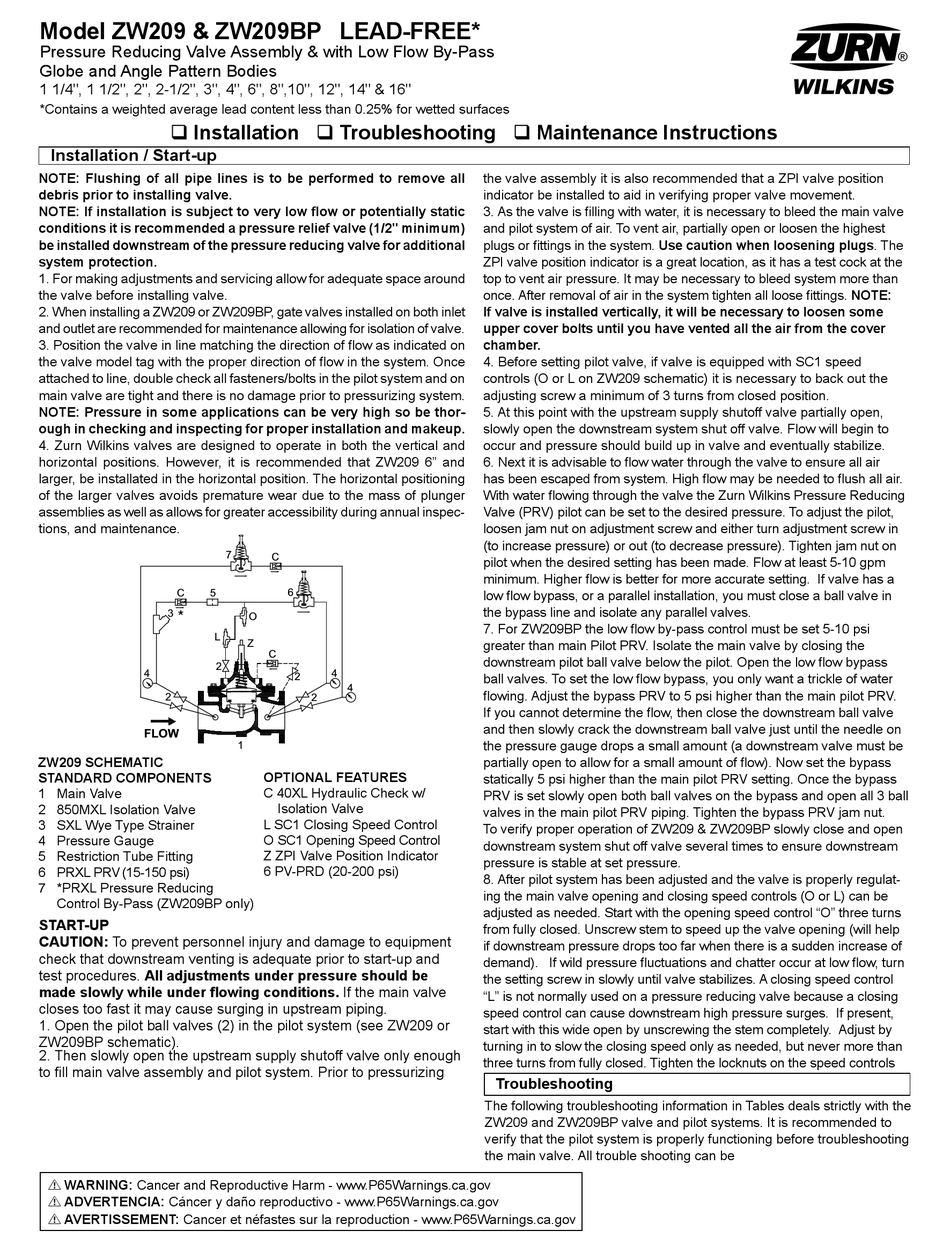 ZURN WILKINS ZW209 INSTALLATION, TROUBLESHOOTING, MAINTENANCE