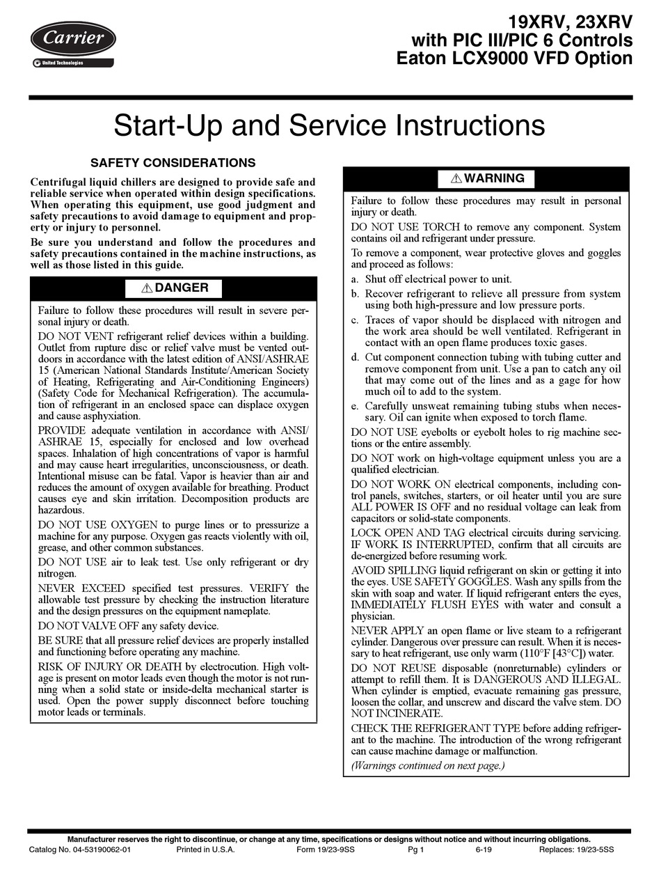 CARRIER 19XRV SERIES START-UP AND SERVICE INSTRUCTIONS Pdf Download