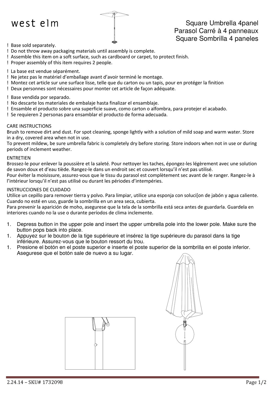 WEST ELM SQUARE UMBRELLA 4PANEL 1732098 ASSEMBLY INSTRUCTIONS Pdf