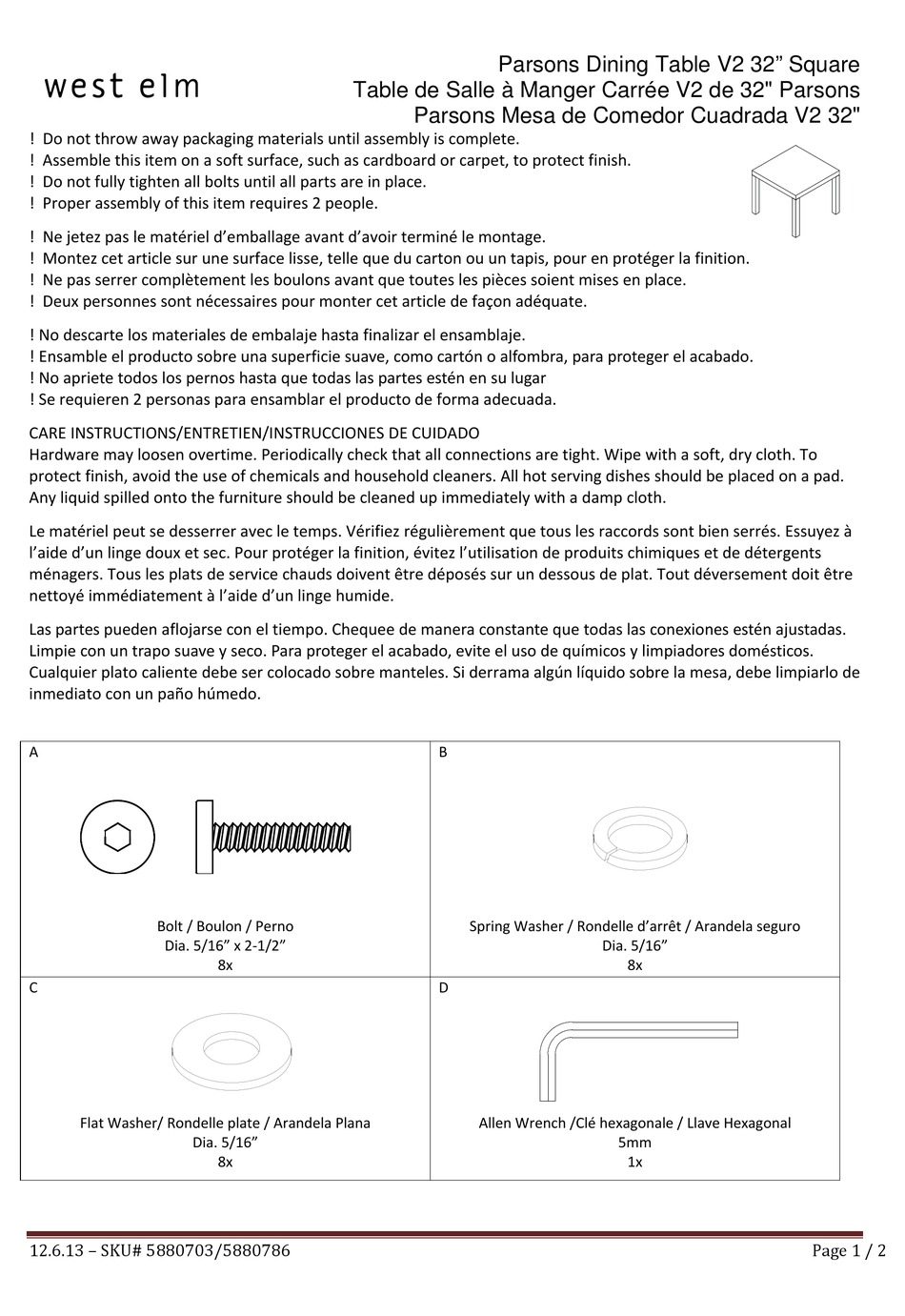 WEST ELM PARSONS DINING TABLE V2 32” SQUARE 5880703 ASSEMBLY