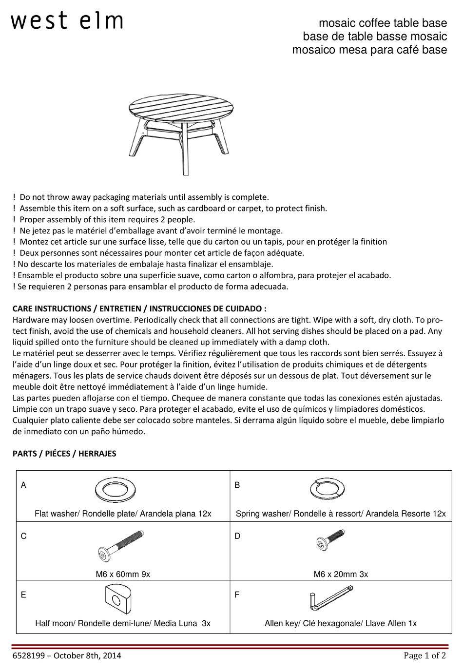 WEST ELM MOSAIC COFFEE TABLE BASE 6528199 ASSEMBLY INSTRUCTIONS Pdf