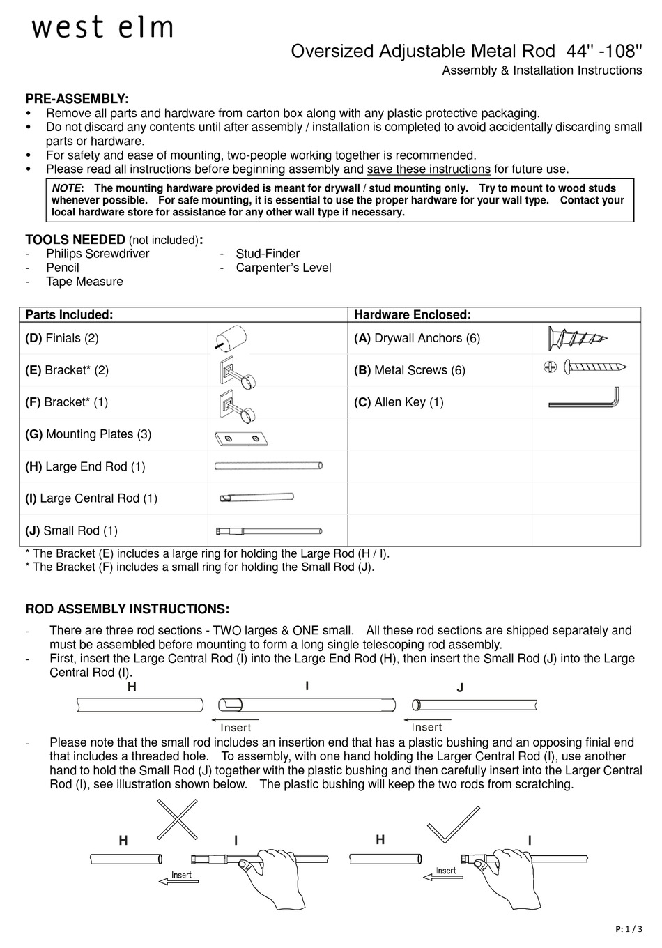 WEST ELM OVERSIZED ADJUSTABLE METAL ROD 44" 108" ASSEMBLY/INSTALLATION