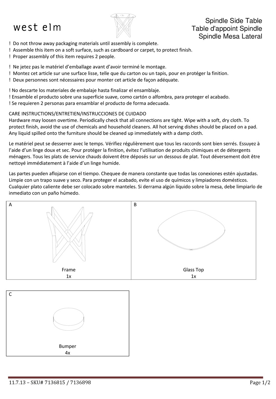 WEST ELM SPINDLE SIDE TABLE 7136815 ASSEMBLY INSTRUCTIONS Pdf Download