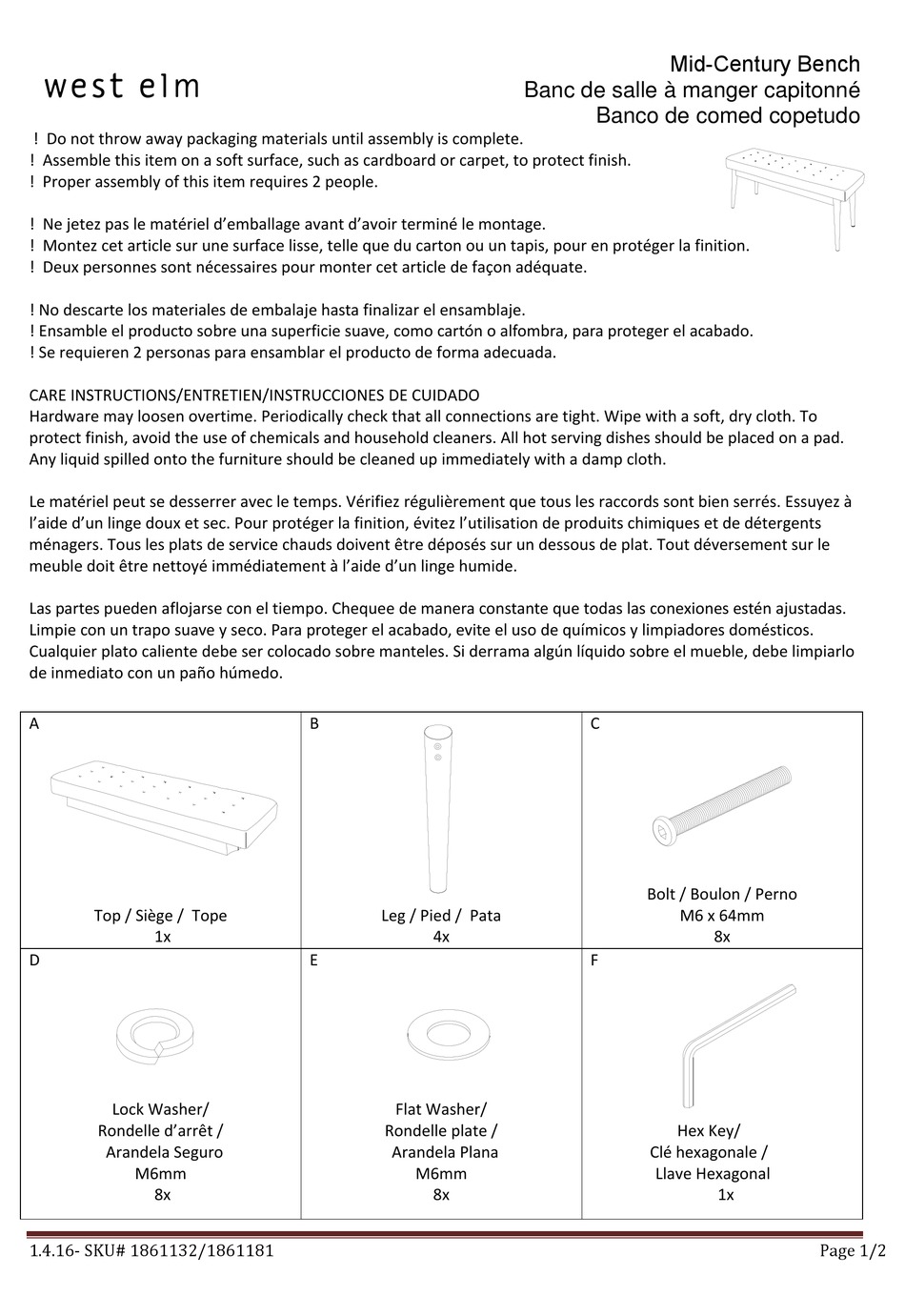 WEST ELM MIDCENTURY BENCH 1861132 ASSEMBLY INSTRUCTIONS Pdf Download