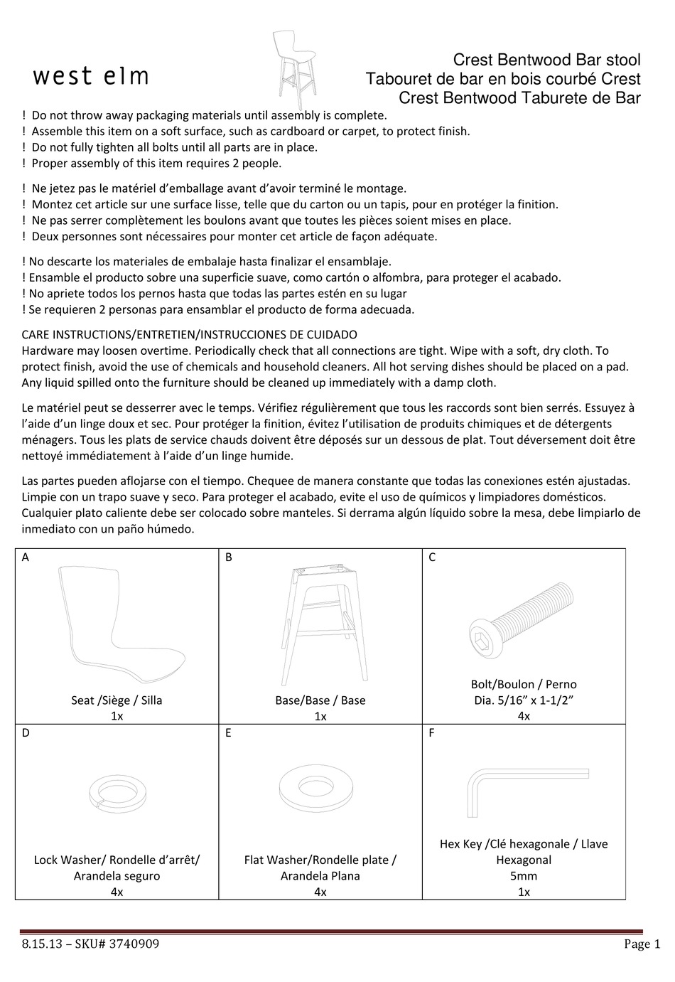 WEST ELM CREST BENTWOOD BAR STOOL 3740909 ASSEMBLY INSTRUCTIONS Pdf
