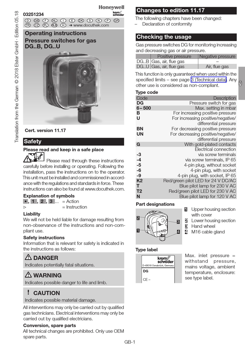HONEYWELL KROM SCHRODER DG B SERIES OPERATING INSTRUCTIONS Pdf Download