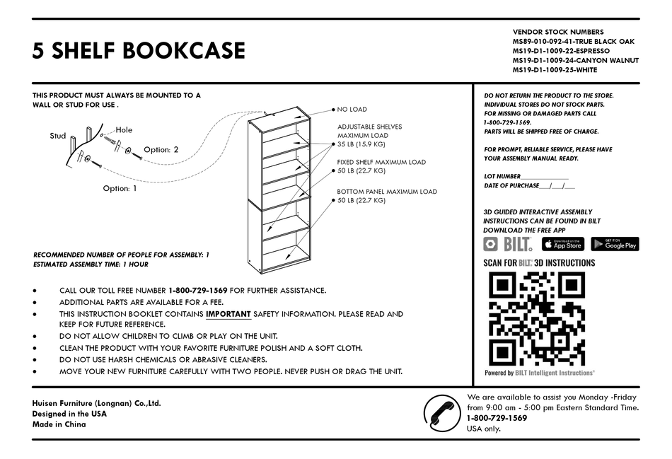 Huisen Furniture Ms89 010 092 41 True, How To Put A Mainstays 5 Shelf Bookcase Instructions Pdf