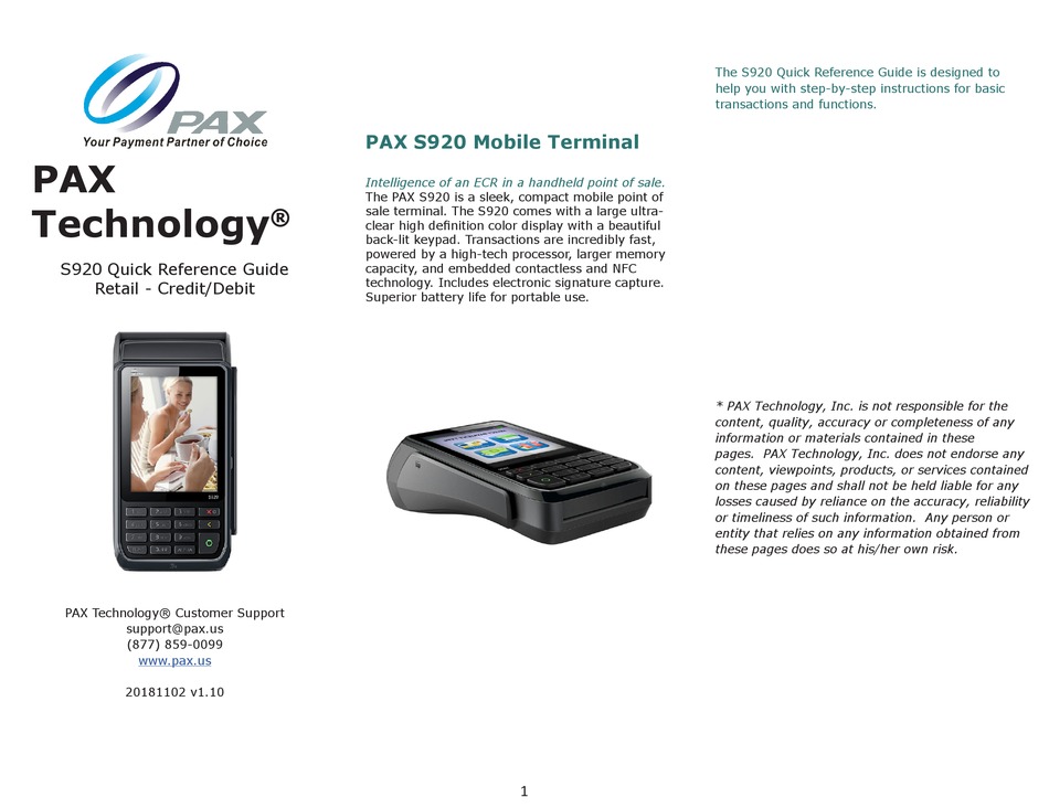 PAX TECHNOLOGY S920 QUICK REFERENCE MANUAL Pdf Download | ManualsLib