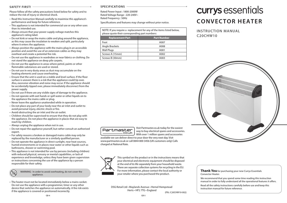 CURRYS ESSENTIALS C20CHW10 INSTRUCTION MANUAL Pdf Download ManualsLib