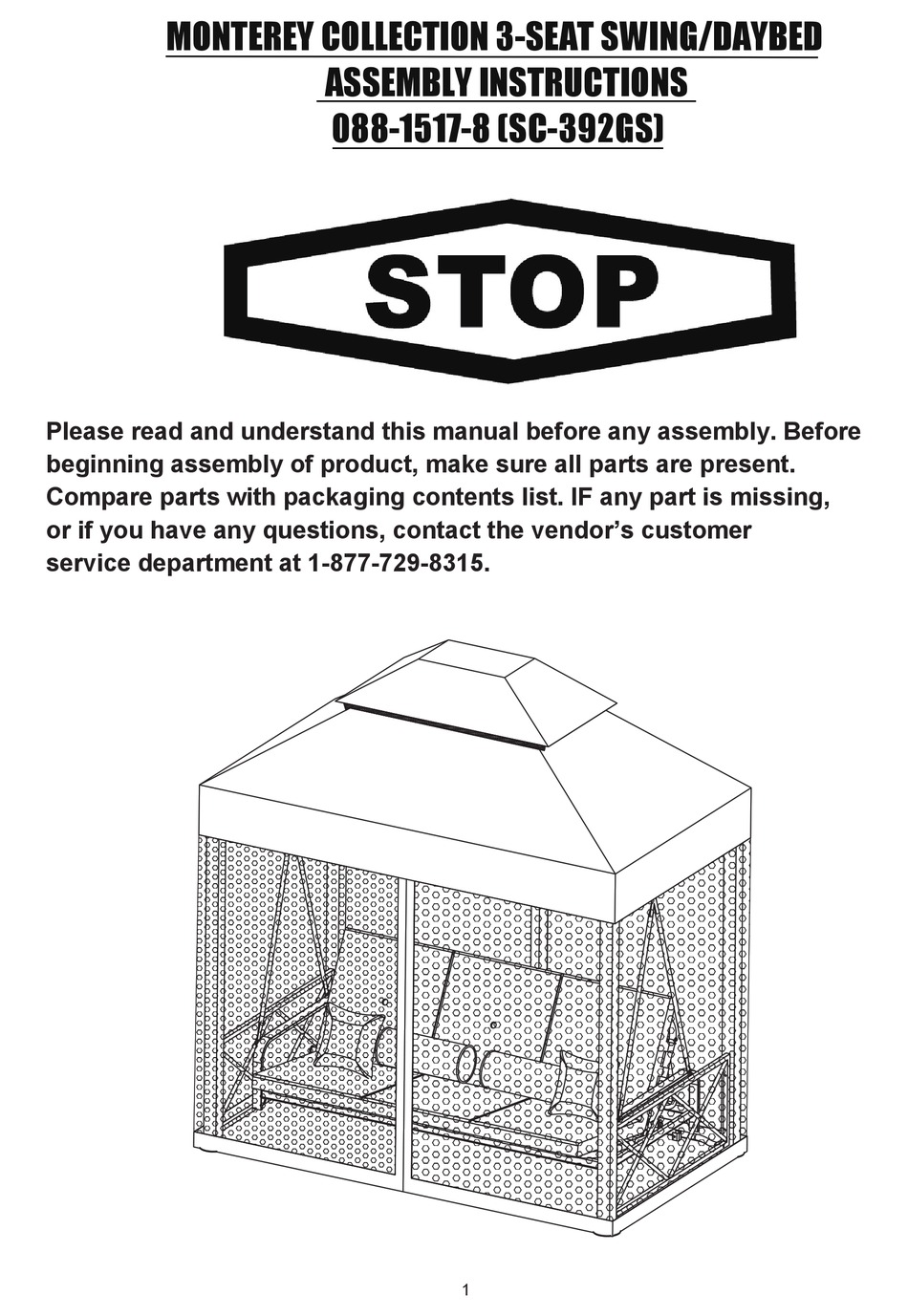 NUMARK MONTEREY 3SEAT SWING/DAYBED ASSEMBLY INSTRUCTIONS MANUAL Pdf