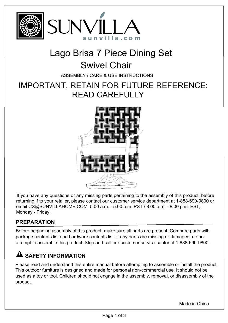 SUNVILLA LAGO BRISA 7 PIECE DINING SET SWIVEL CHAIR ASSEMBLY CARE USE INSTRUCTIONS Pdf Download ManualsLib