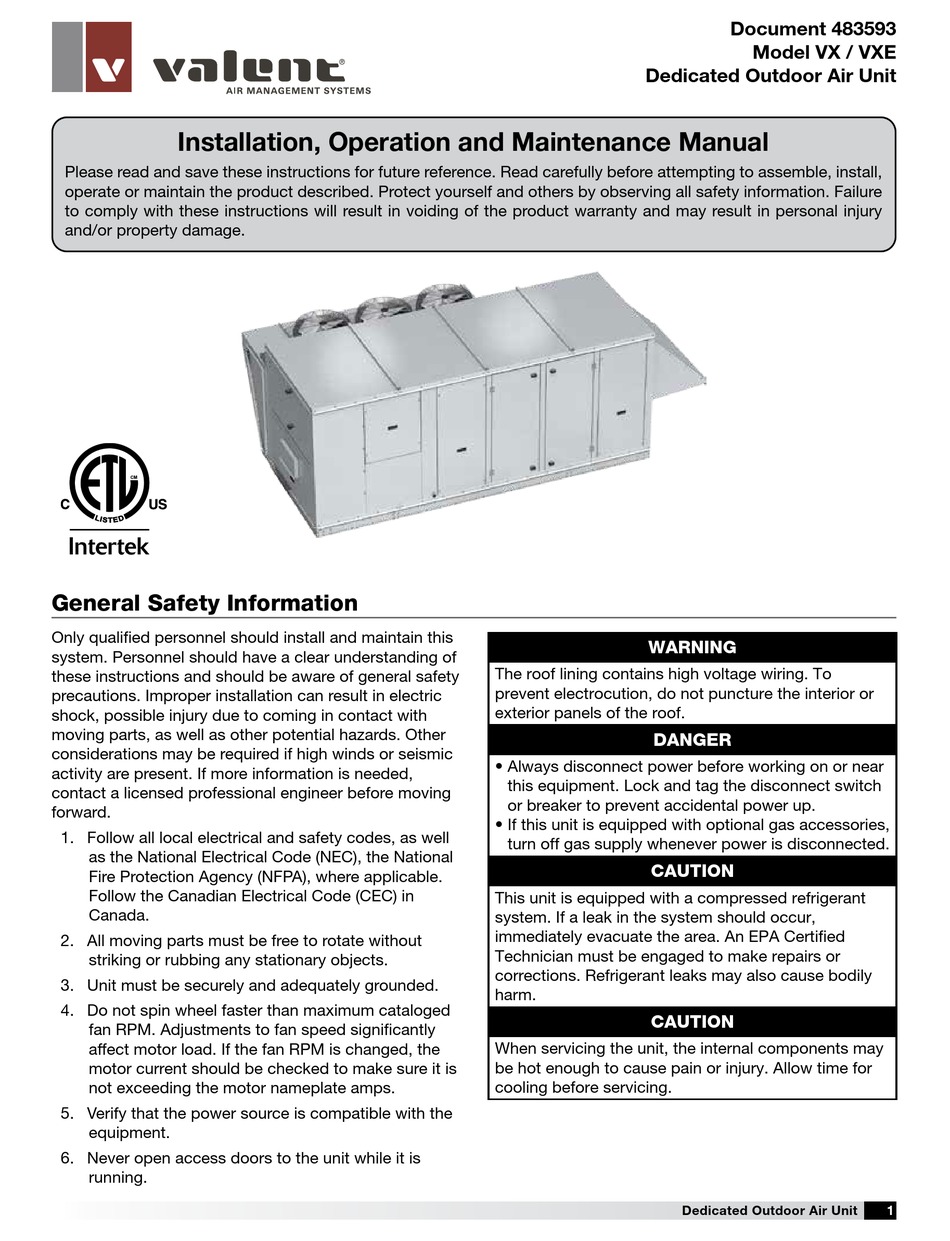 VALENT VX SERIES INSTALLATION, OPERATION AND MAINTENANCE MANUAL Pdf