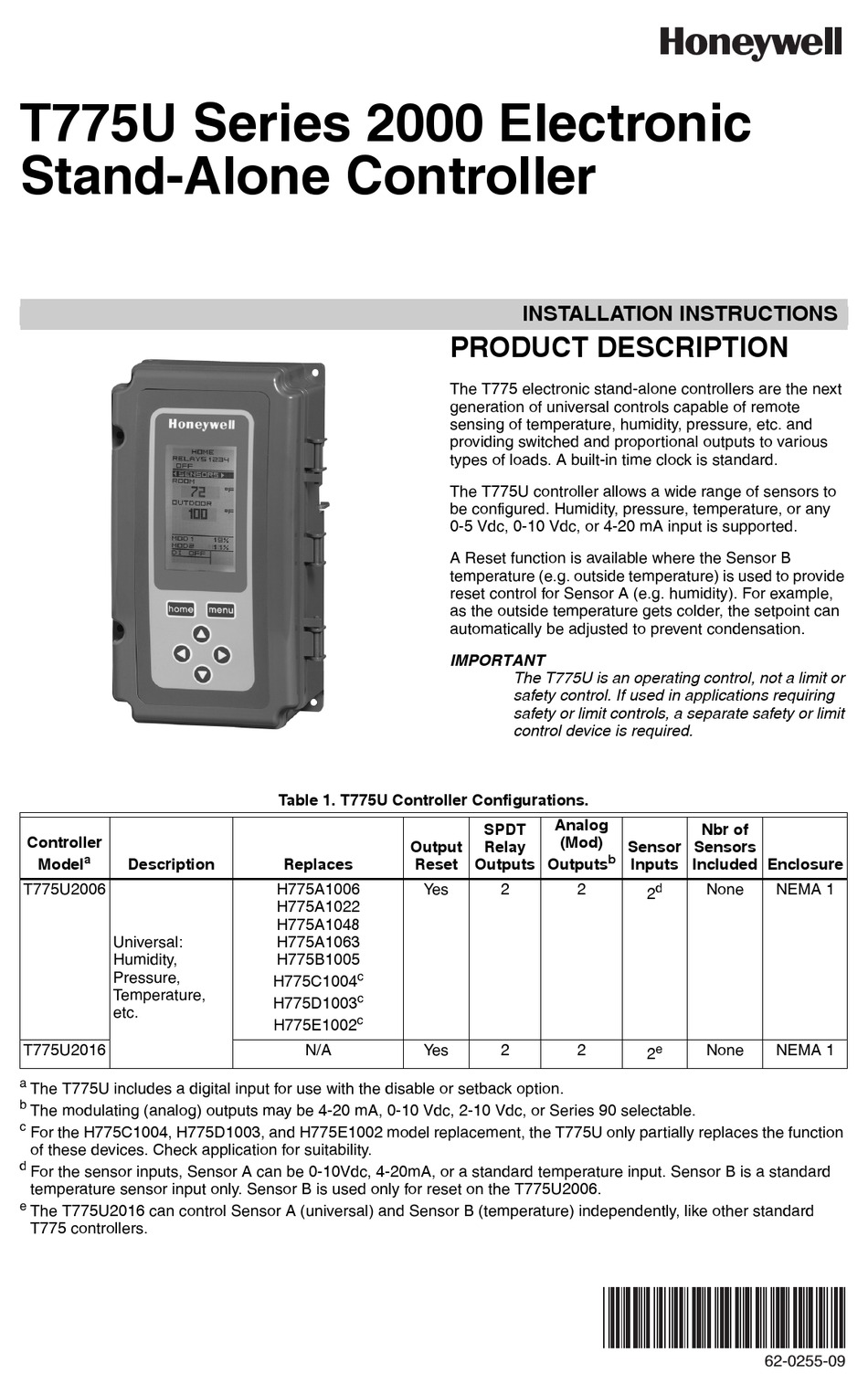 HONEYWELL T775U 2000 SERIES INSTALLATION INSTRUCTIONS MANUAL Pdf