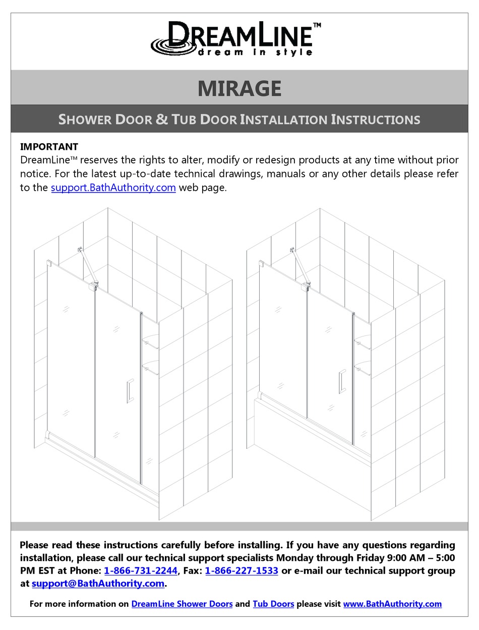 BATH AUTHORITY DREAMLINE MIRAGE INSTALLATION INSTRUCTIONS MANUAL Pdf