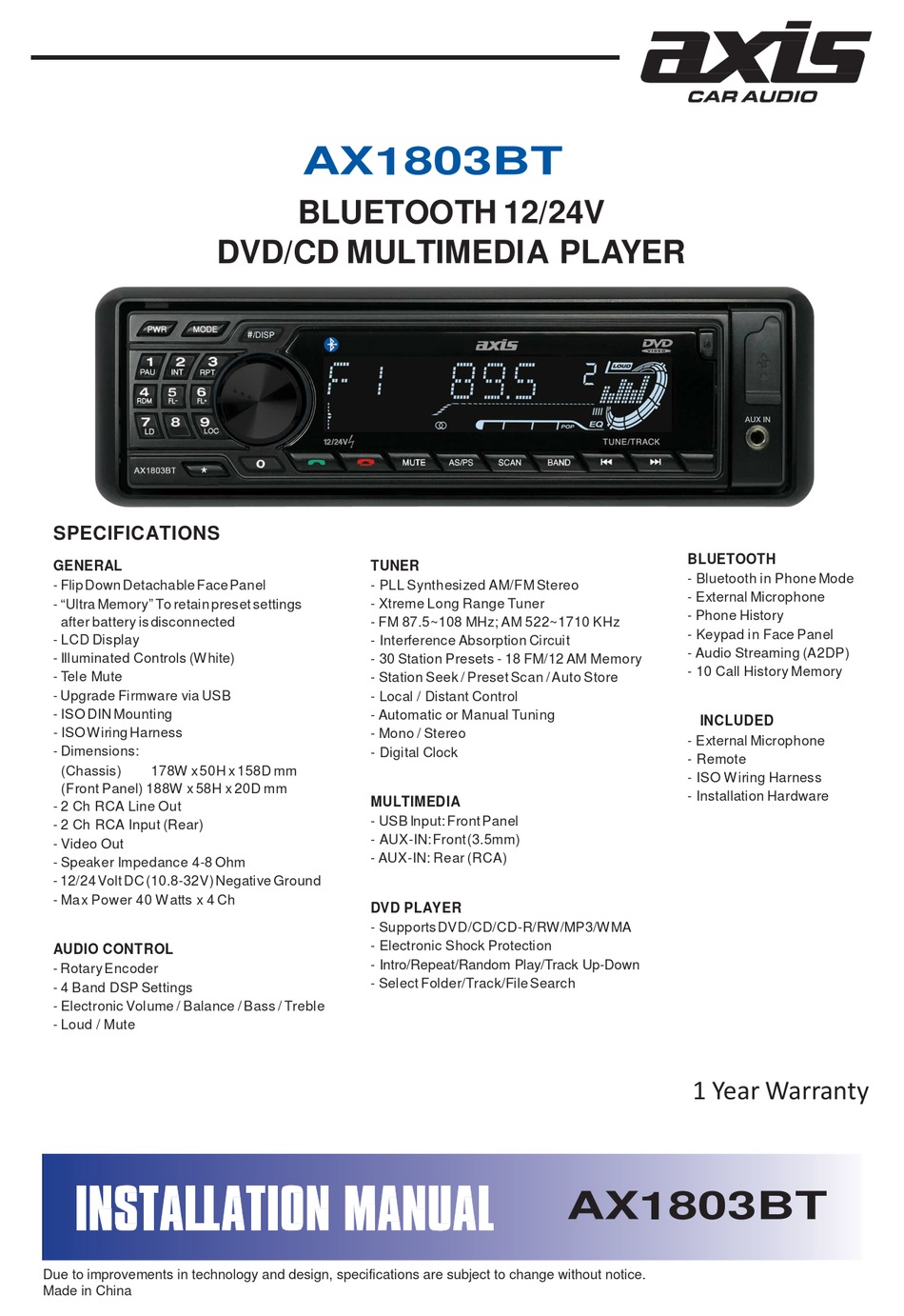 AXIS CAR AUDIO AX1803BT INSTALLATION MANUAL Pdf Download ManualsLib