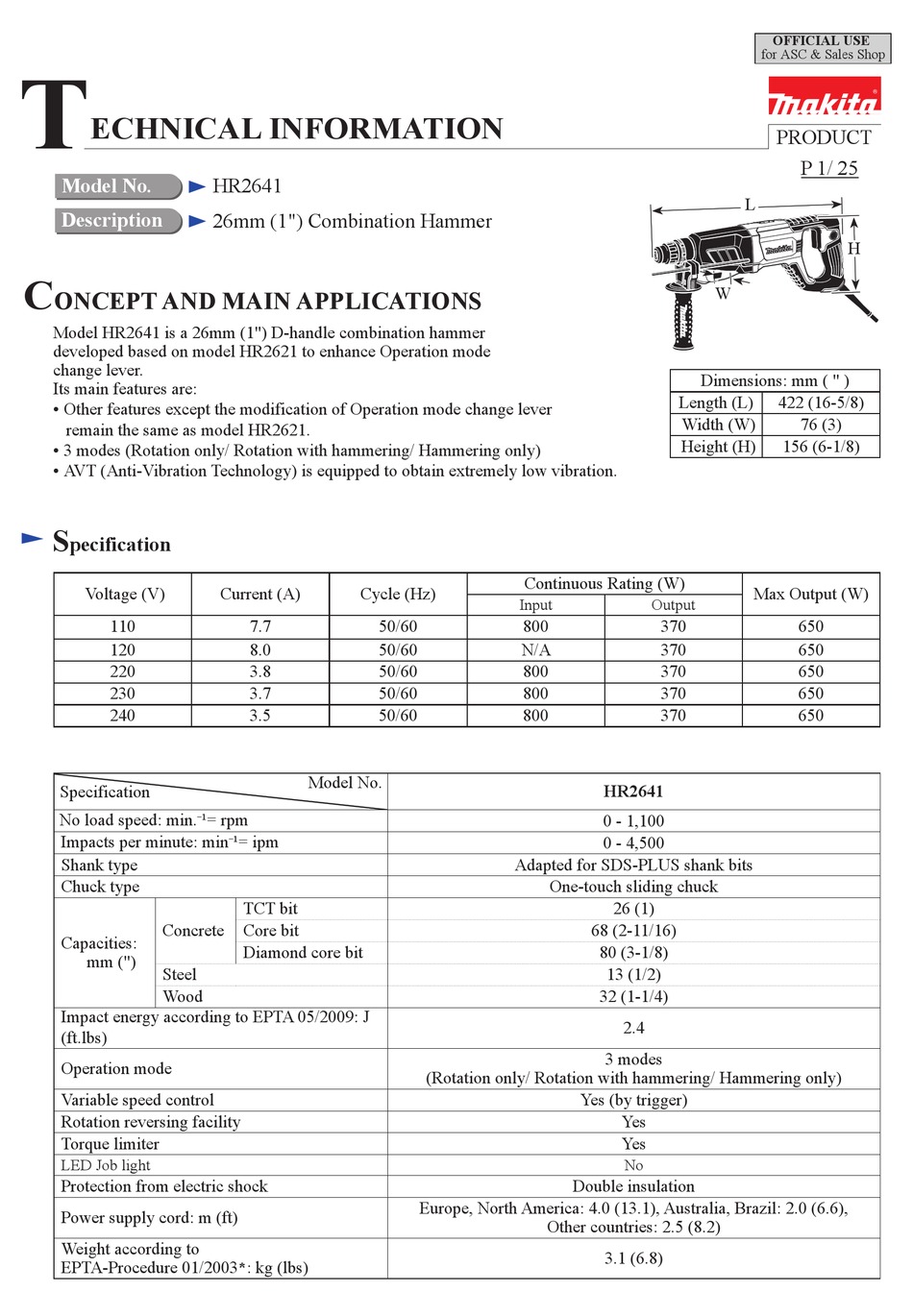 MAKITA HR2641 TECHNICAL INFORMATION Pdf 